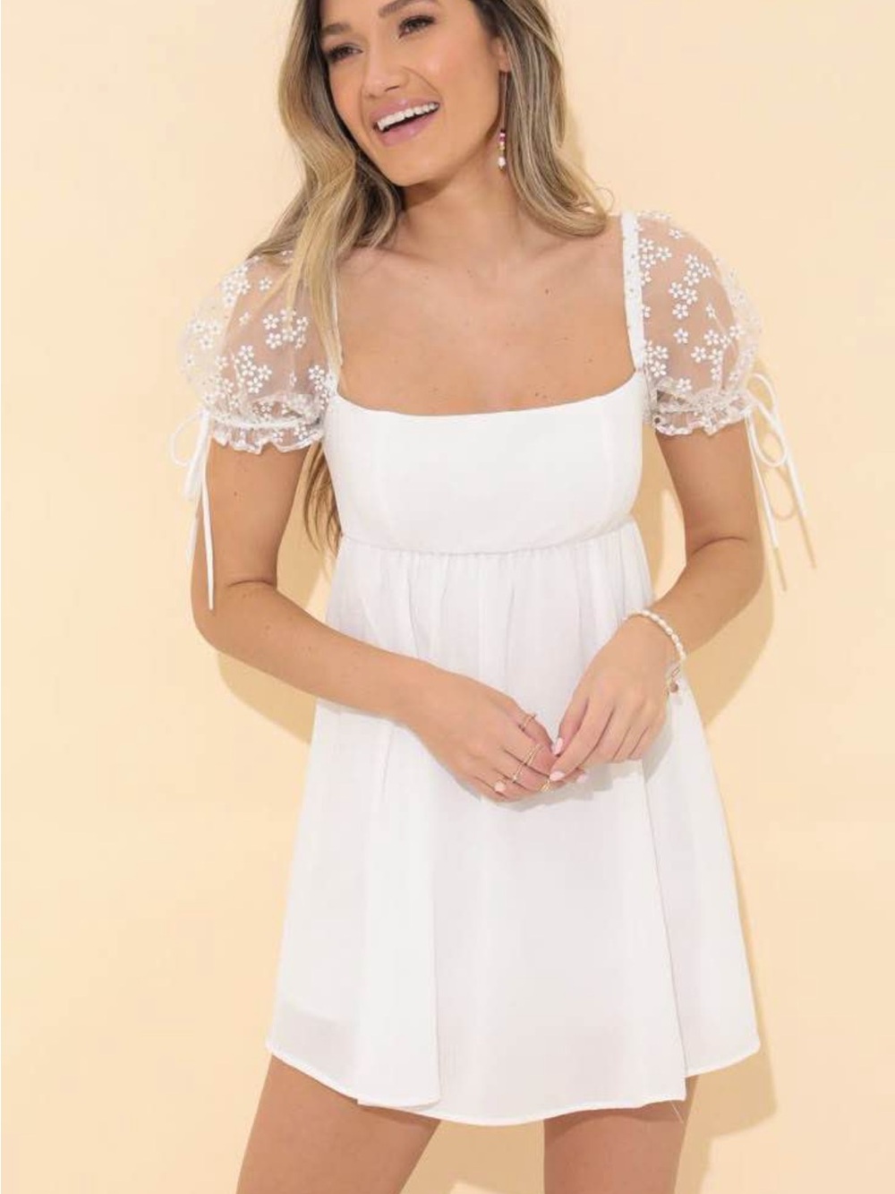 Lucy in the Sky Daisy Dress: White Puff Sleeve Square Neck Mini Dress
